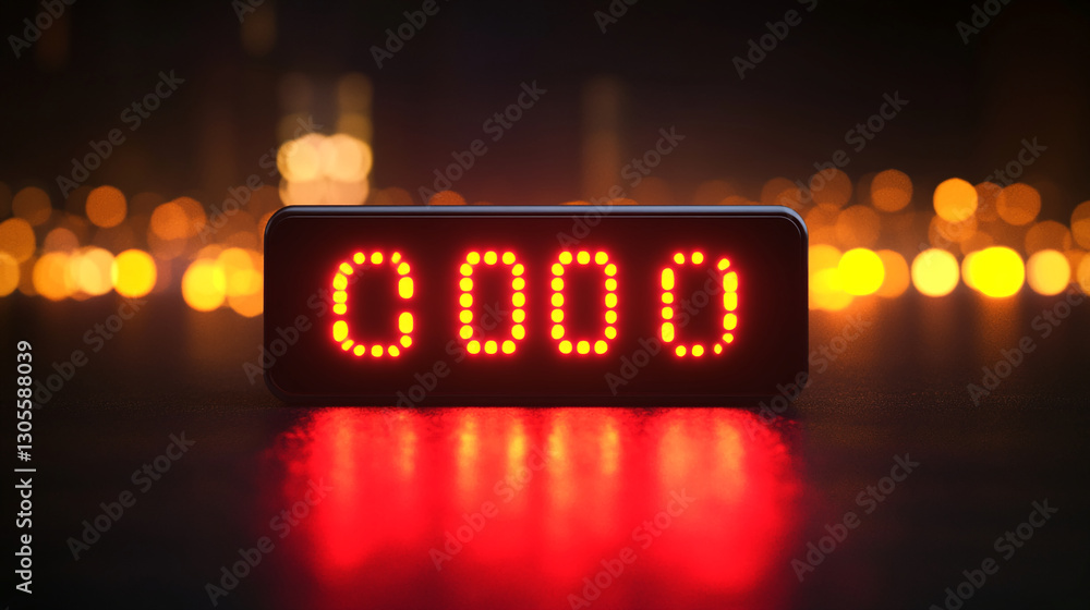 Poster red led display showing four zeros against a blurred bokeh background, suggesting a counter, timer, 