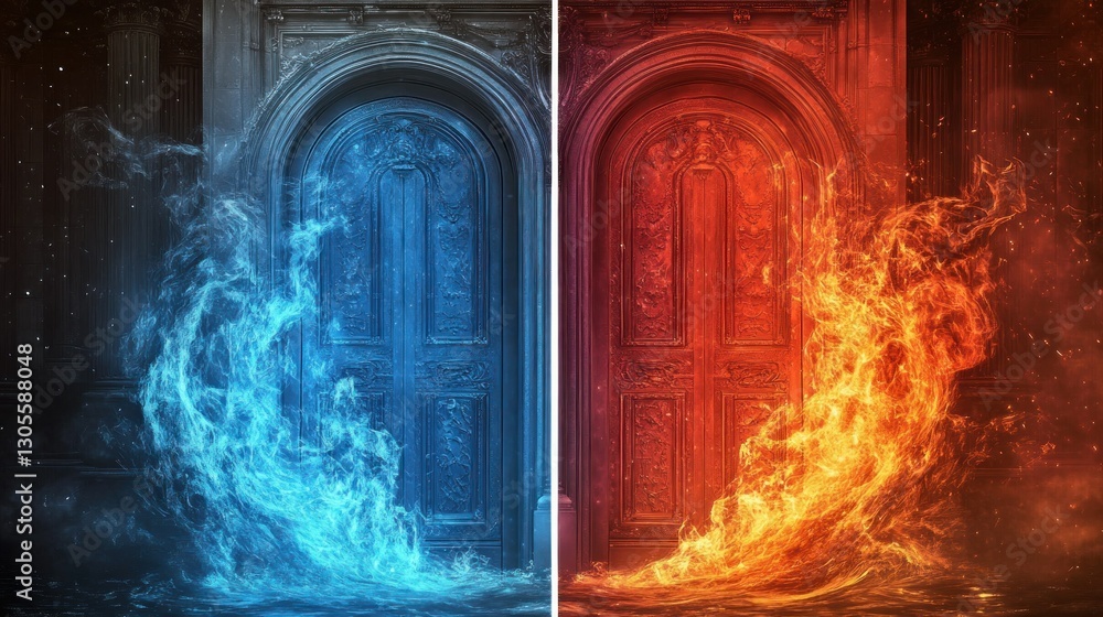 Poster two ancient doors with elemental flames and contrasting colors displayed