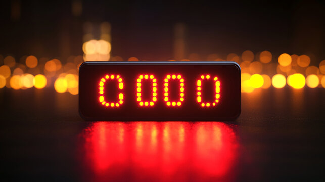 Red LED display showing four zeros against a blurred bokeh background, suggesting a counter, timer, or digital display, symbolizing beginning, countdown, or new start