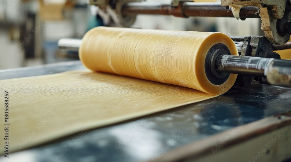 Poster a large roll is unwinding a thin sheet of material
