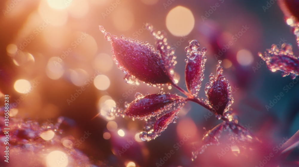 Poster dew covered red plant branch with soft bokeh background