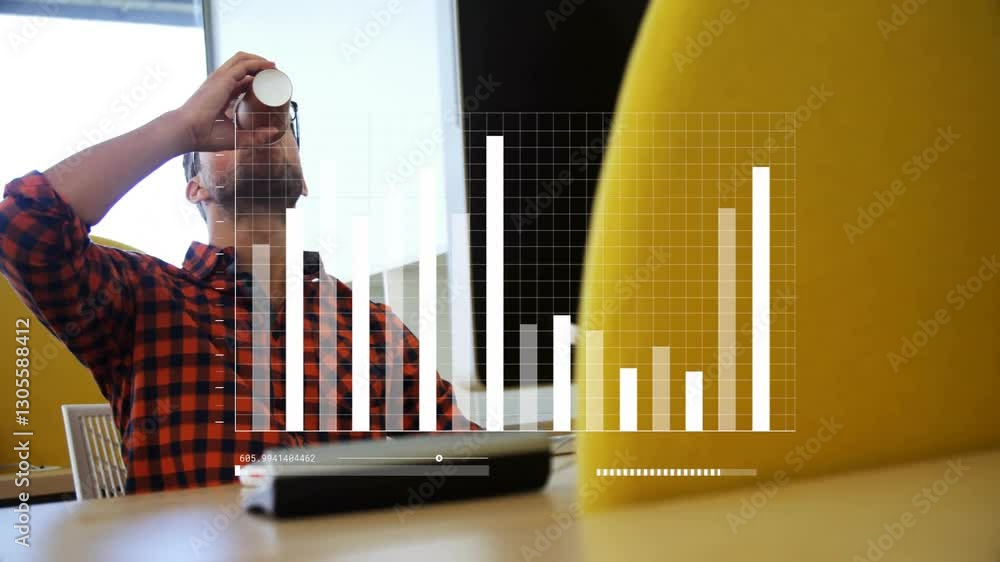 Poster man in checkered shirt drinking coffee with bar graph animation overlay