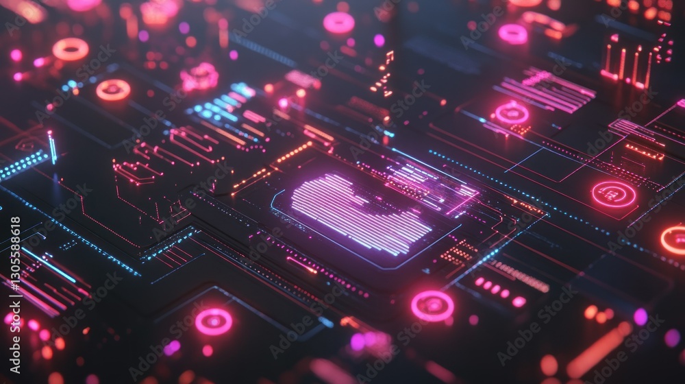 Poster futuristic depiction of an integrated circuit board with glowing elements