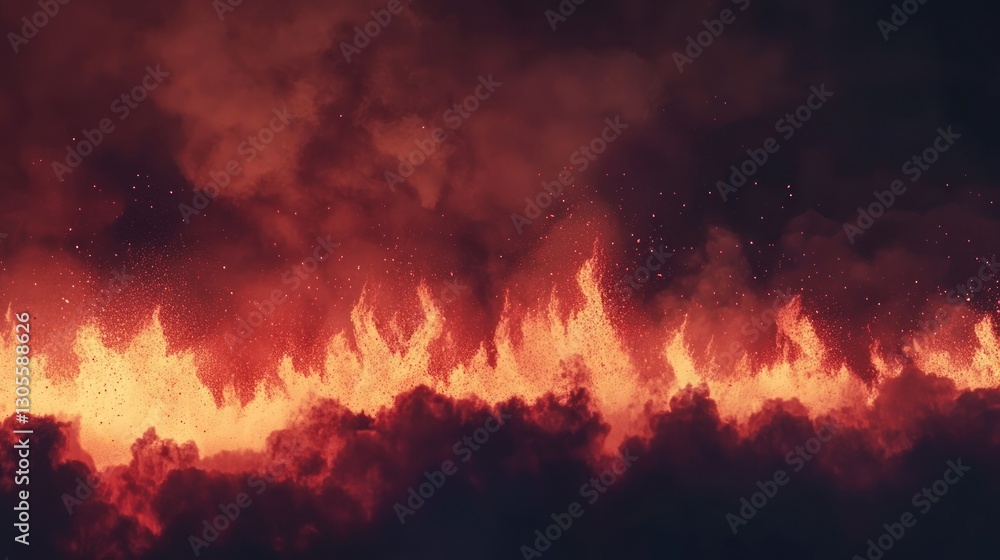 Poster intense fiery flames and clouds dominate the dark background of image