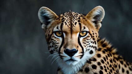 Fototapeta premium Cheetah with beautiful markings staring intensely with dark background.