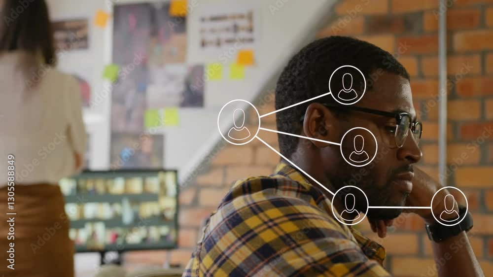 Poster in office, man working with animation of network connection icons overlaying