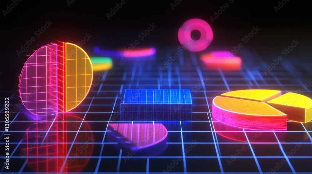 Poster glowing charts and shapes are on a black illuminated grid