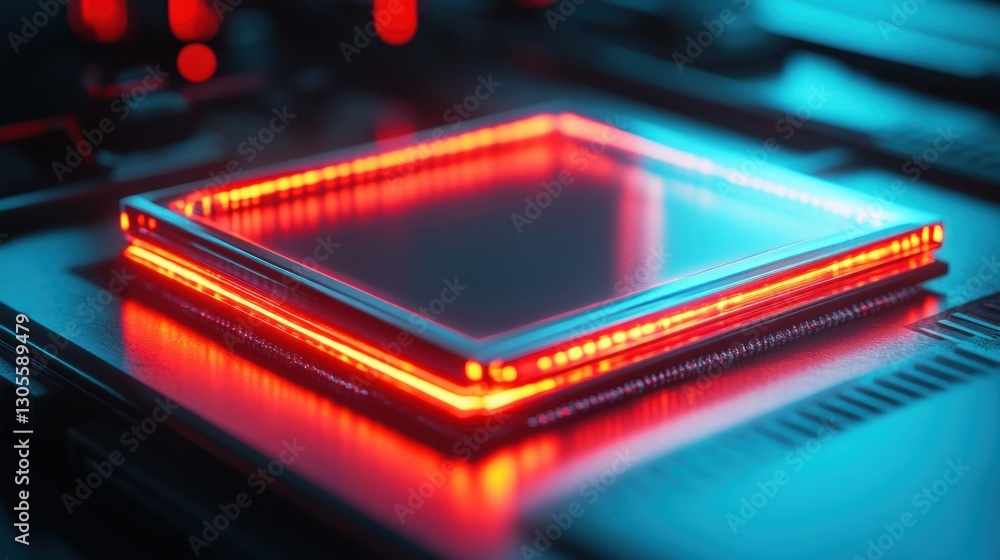 Poster A Glowing Red And Blue Illuminated Square Embedded In Dark Surface