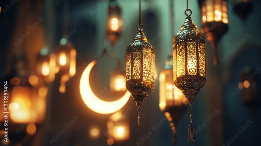 Poster hanging lanterns and a crescent moon illuminate a festive atmosphere