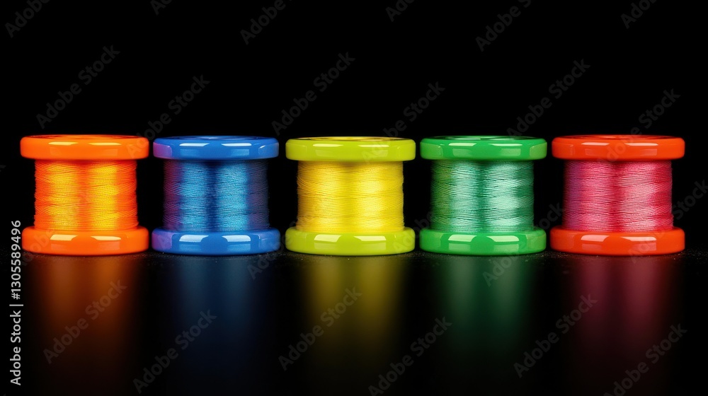 Poster Five colorful thread spools neatly arranged on a black surface
