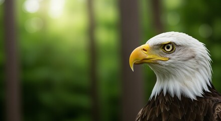 Obraz premium Bald eagle with striking features gazing intently in a serene forest setting conveying strength and freedom
