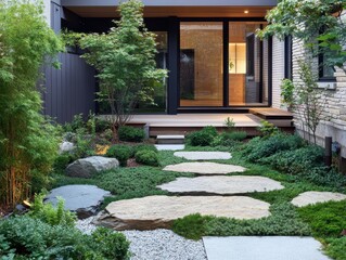 A modern home entrance with natural stone path and greenery