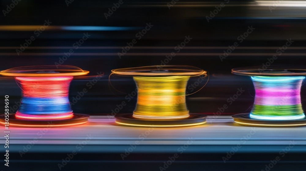 Poster spools of brightly colored glowing filament are depicted abstractly