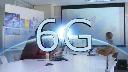 6G technology animation over diverse team working in modern conference room - Powered by Adobe