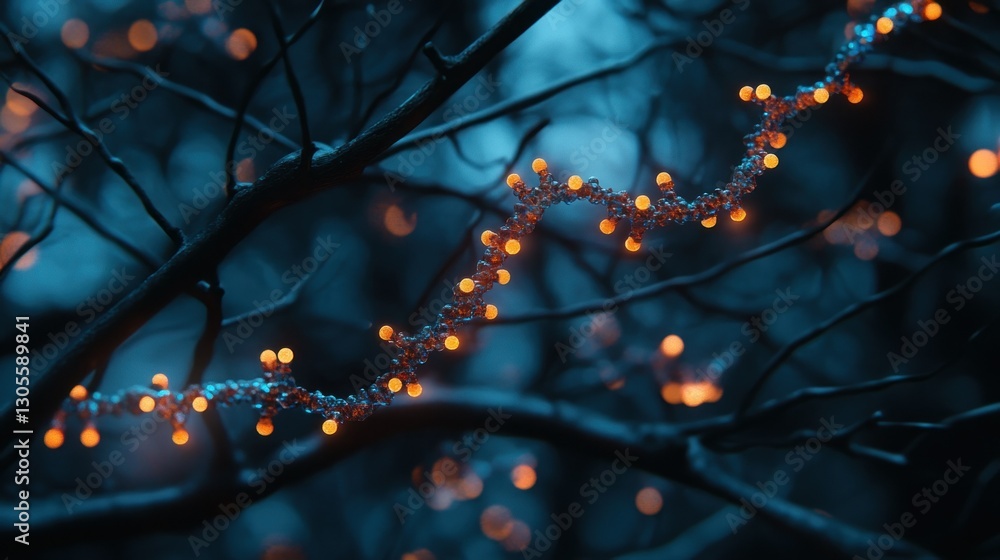 Poster a string of glowing lights decorates dark tree branches at night