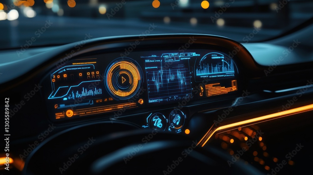 Poster a futuristic car dashboard displays various technological driving functions