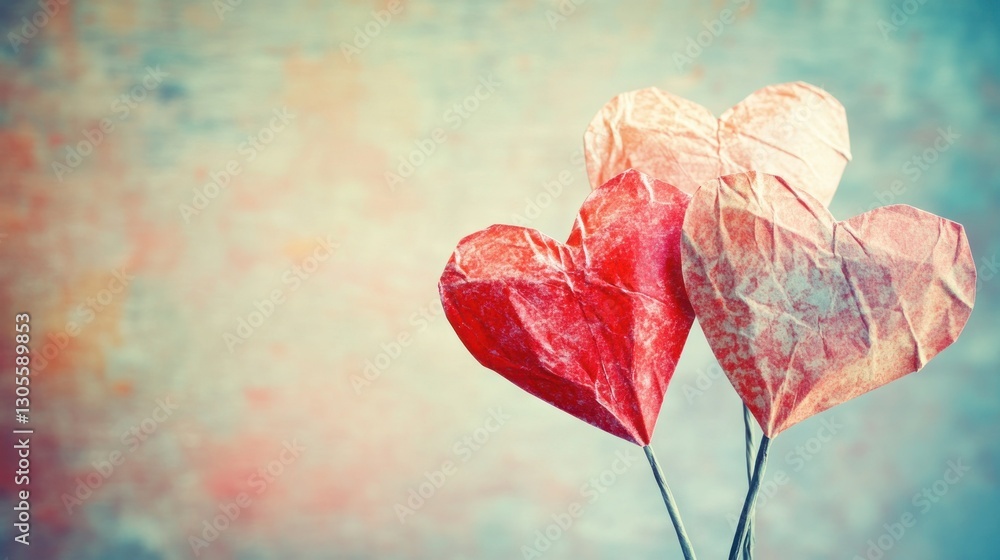 Poster Three paper hearts in different colors displayed on a background