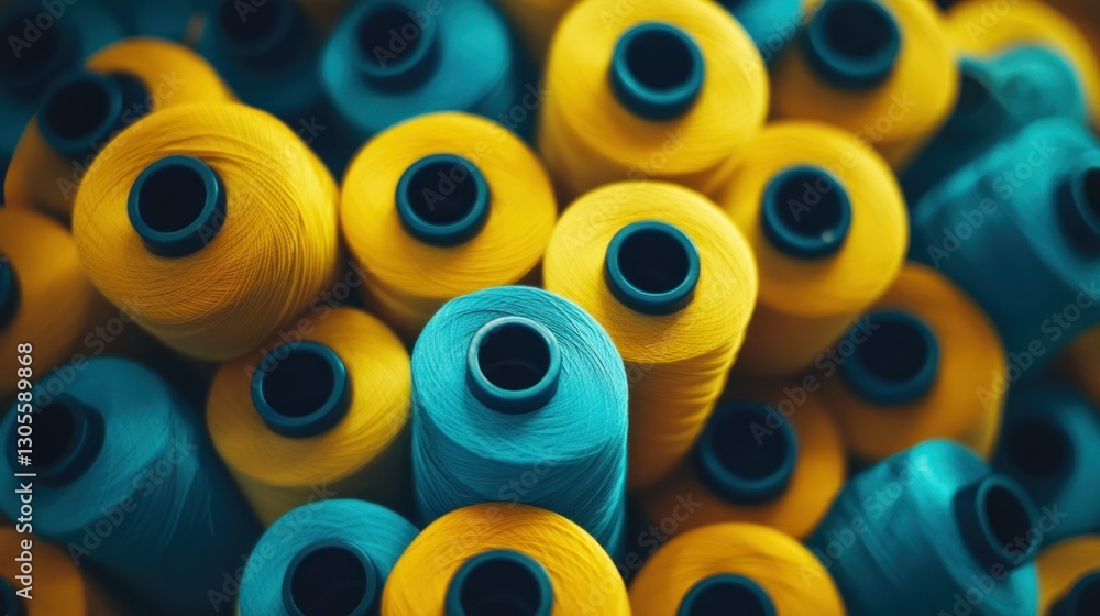 Poster brightly colored spools of yarn are arranged in a neat pile