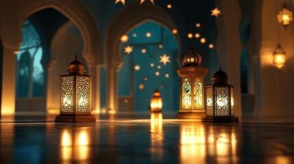 Golden Lanterns Illuminated With Dim Lights On Elegant Marble Floors