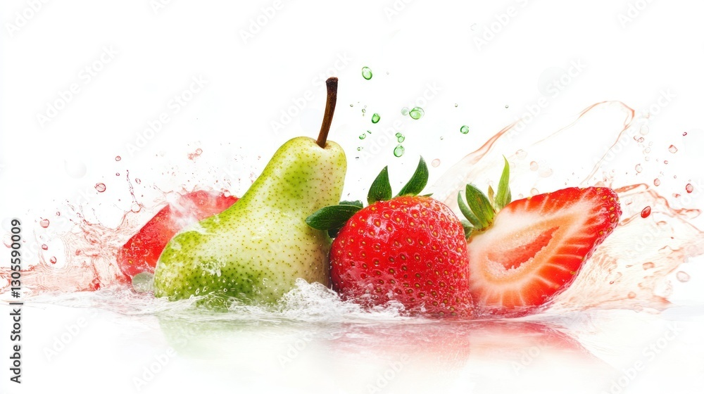 Poster strawberries and a pear with water splash on white background