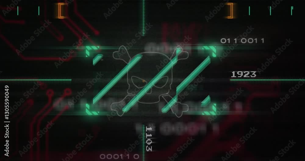 Poster digital skull and crossbones with data patterns on animation circuit background