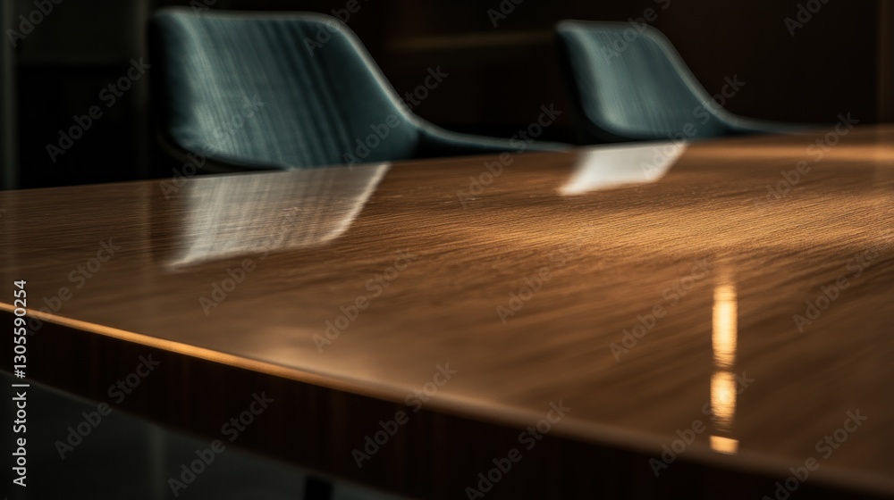Poster a reflective wooden table with two chairs in the background