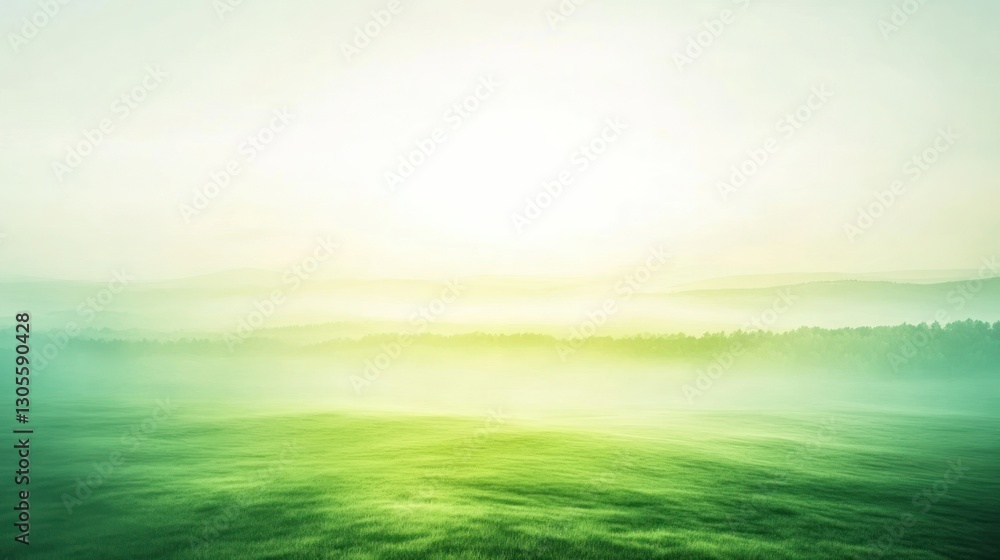 Poster an ethereal green landscape with subtle fog and soft hues