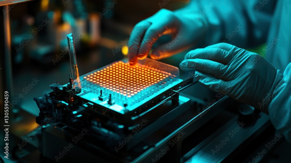 Poster Scientist examines a lab plate with multiple light emitting samples