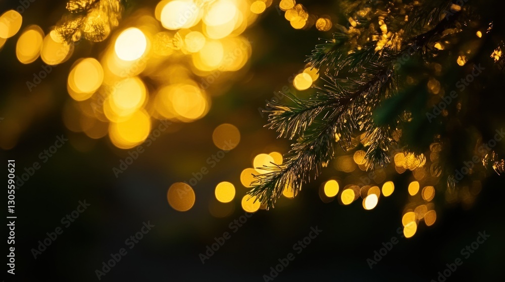 Poster Decorative Christmas tree lights and branches in blurred background