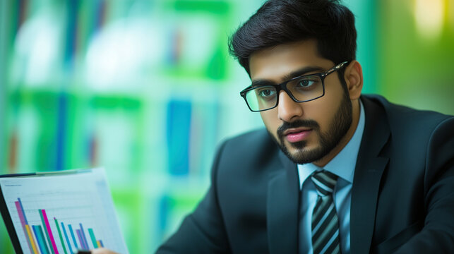  Focused financial analyst reviewing business reports