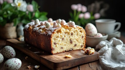 easter baking, easter-themed simnel cake on a rustic board, with cozy kitchen decor in the background