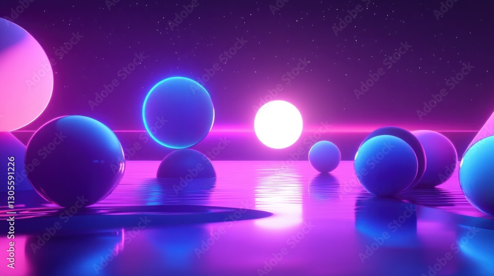 Poster Spherical shapes floating in a neon environment with stars
