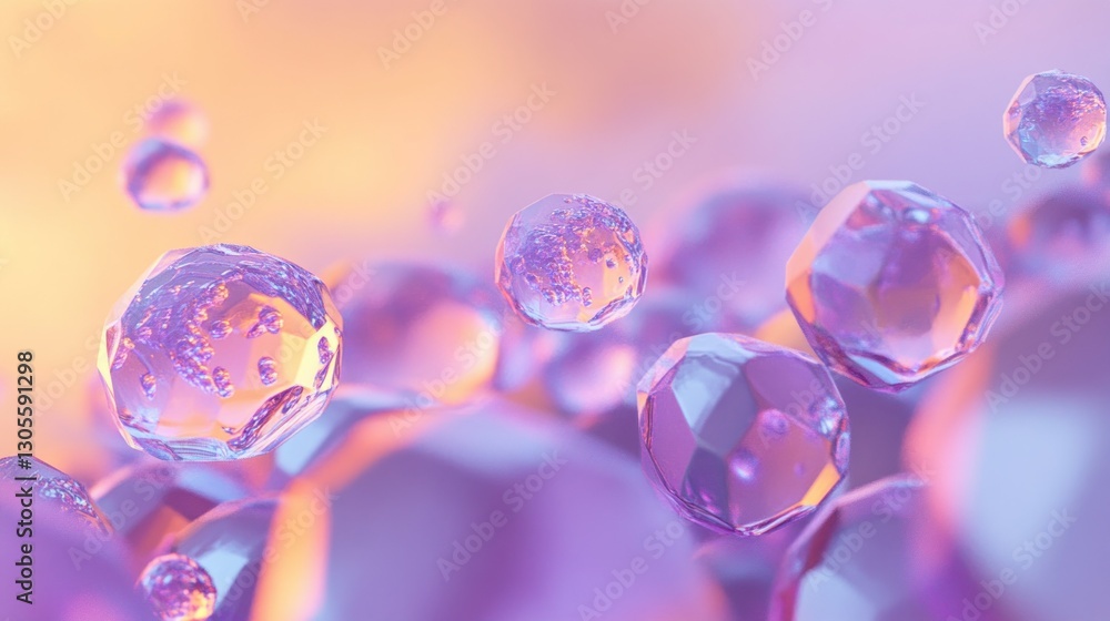 Poster crystal spheres of various sizes float in a soft light