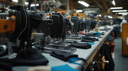 Machines sewing and manufacturing fabric items inside a factory