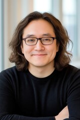 Fototapeta premium A man with long, wavy hair and glasses sits comfortably in a well-lit, contemporary environment. He displays a warm smile, exuding friendliness and approachability