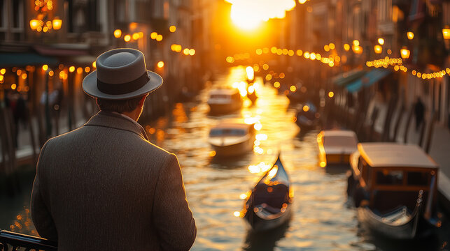 Sunset glow over a Venetian canal with a man in a hat enjoying the beautiful views of boats on the water, capturing the charm of the city at dusk