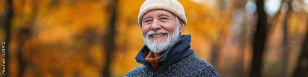 Poster a man wearing a hat and a blue jacket is smiling. he is standing in a forest with trees in the backg
