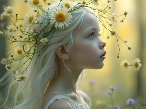 Botanical dream child with platinum hair and daisy crown