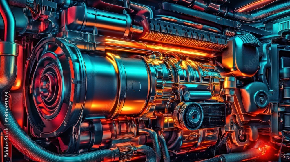 Poster Futuristic Machine Engine Constructed With Complex Interconnected Metal Components