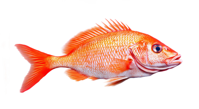 A fresh red snapper fish with vibrant reddish-pink scales, isolated on a transparent background.