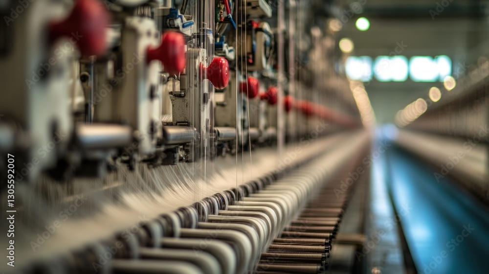 Poster Industrial machinery creating textiles with threads and spools of yarn