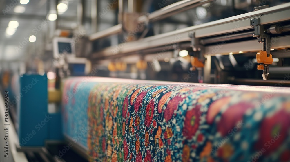Aufkleber machine printing colorful floral patterns onto a fabric roll