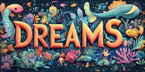 A colorful whimsical illustration showing the word dreams with sea life