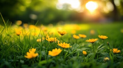 Yellow flowers and green grass are bathed in sunlight gracefully