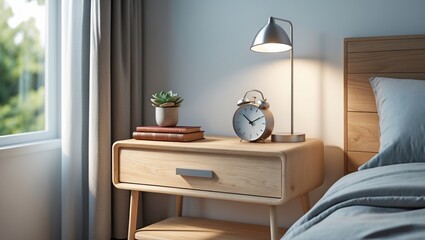 Cozy Bedroom Corner with Wooden Nightstand, Books, Clock, and Lamp for Relaxation and Comfort