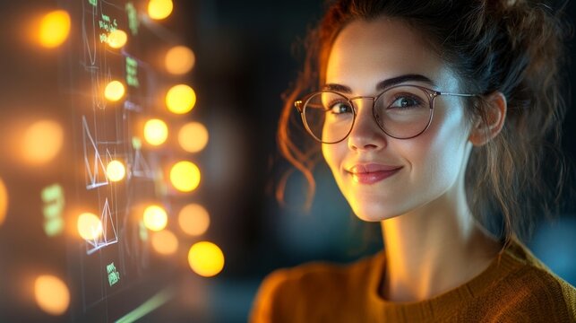 Smiling woman in glasses standing near a digital display with architectural graphs and designs. Generative AI