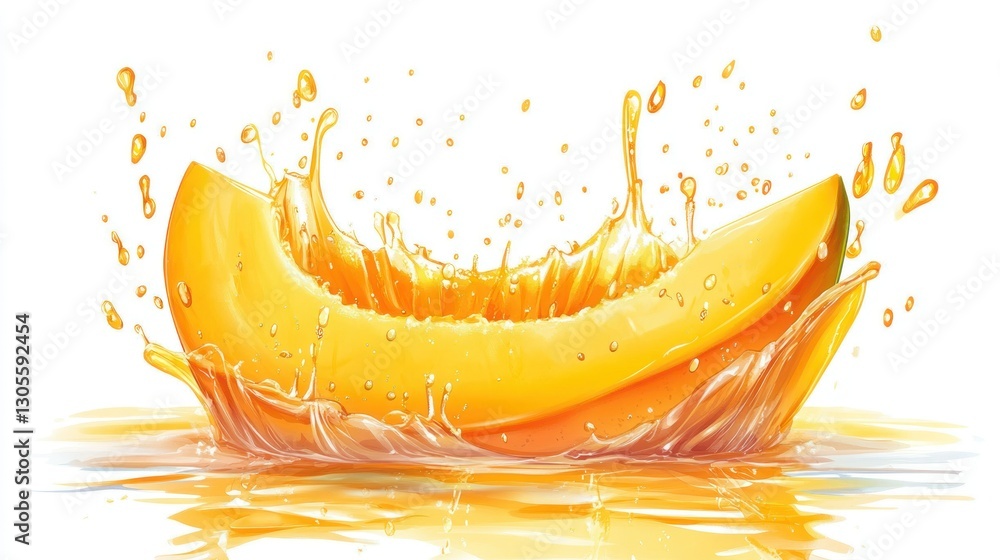 Poster A sliced cantaloupe with splashing juice in front of a white background