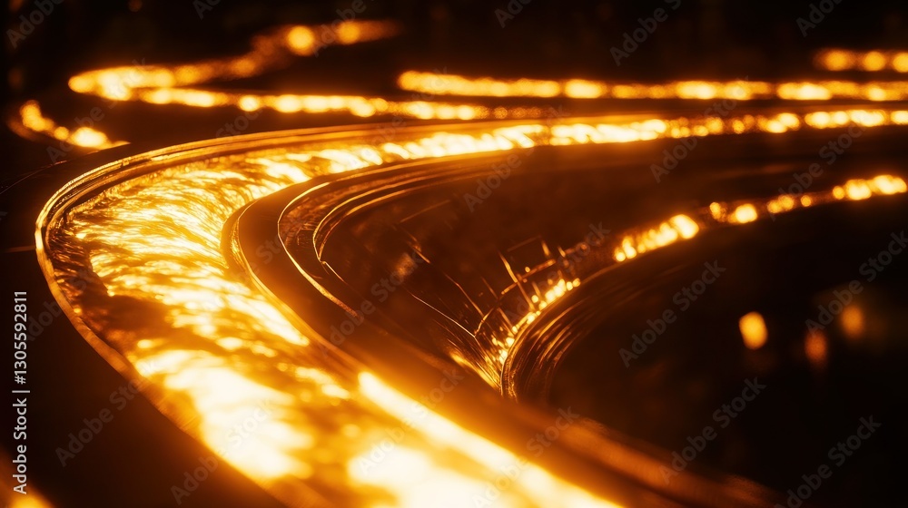 Poster an illuminated curved metal structure with glowing lines and blurred lights