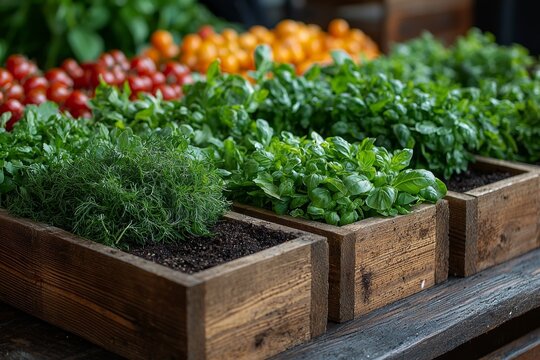 Organic vegetable garden in a wooden box. Fresh garden herbs.