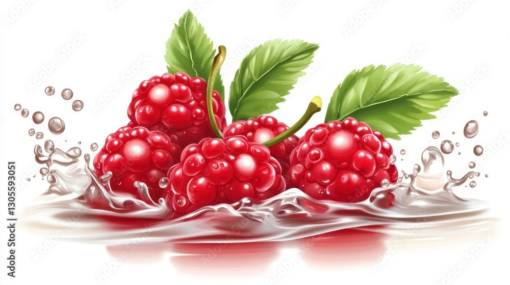 Poster delicious red raspberries displayed with leaves and refreshing splashes